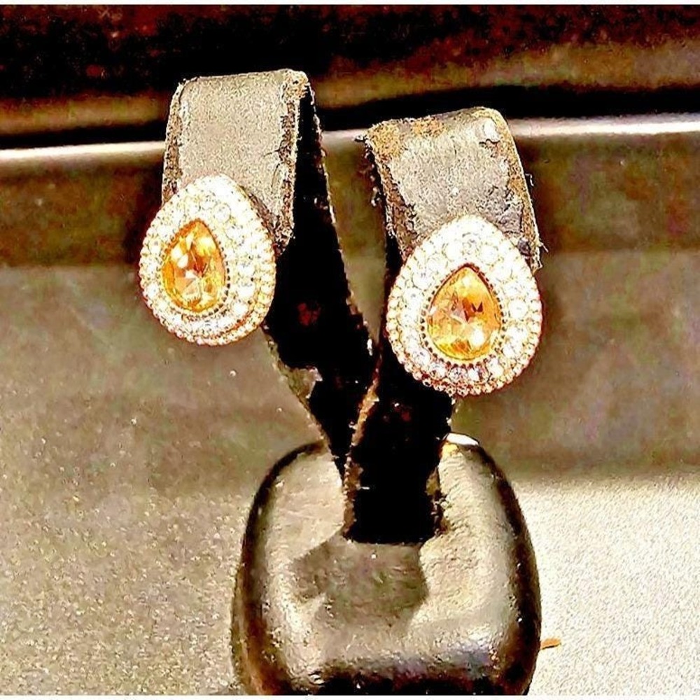 Monet Rose Gold Champagne Teardrop Halo Stud Earrings Crystal Pear Cut Post